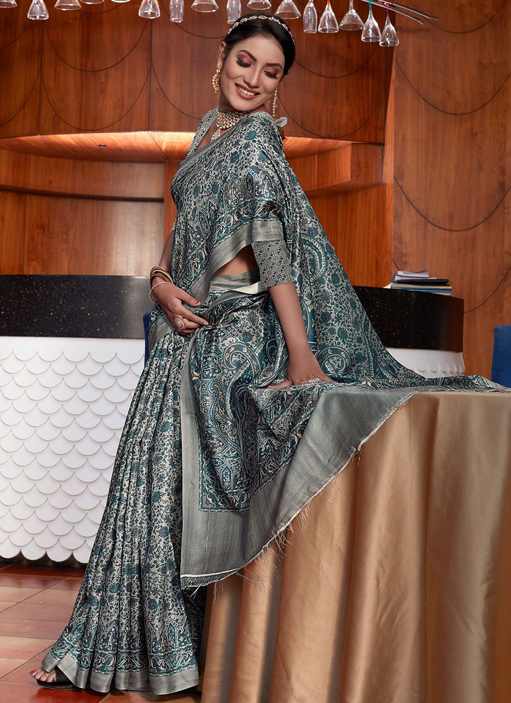 Classic Pashnima Silk Teal Digital Print Saree