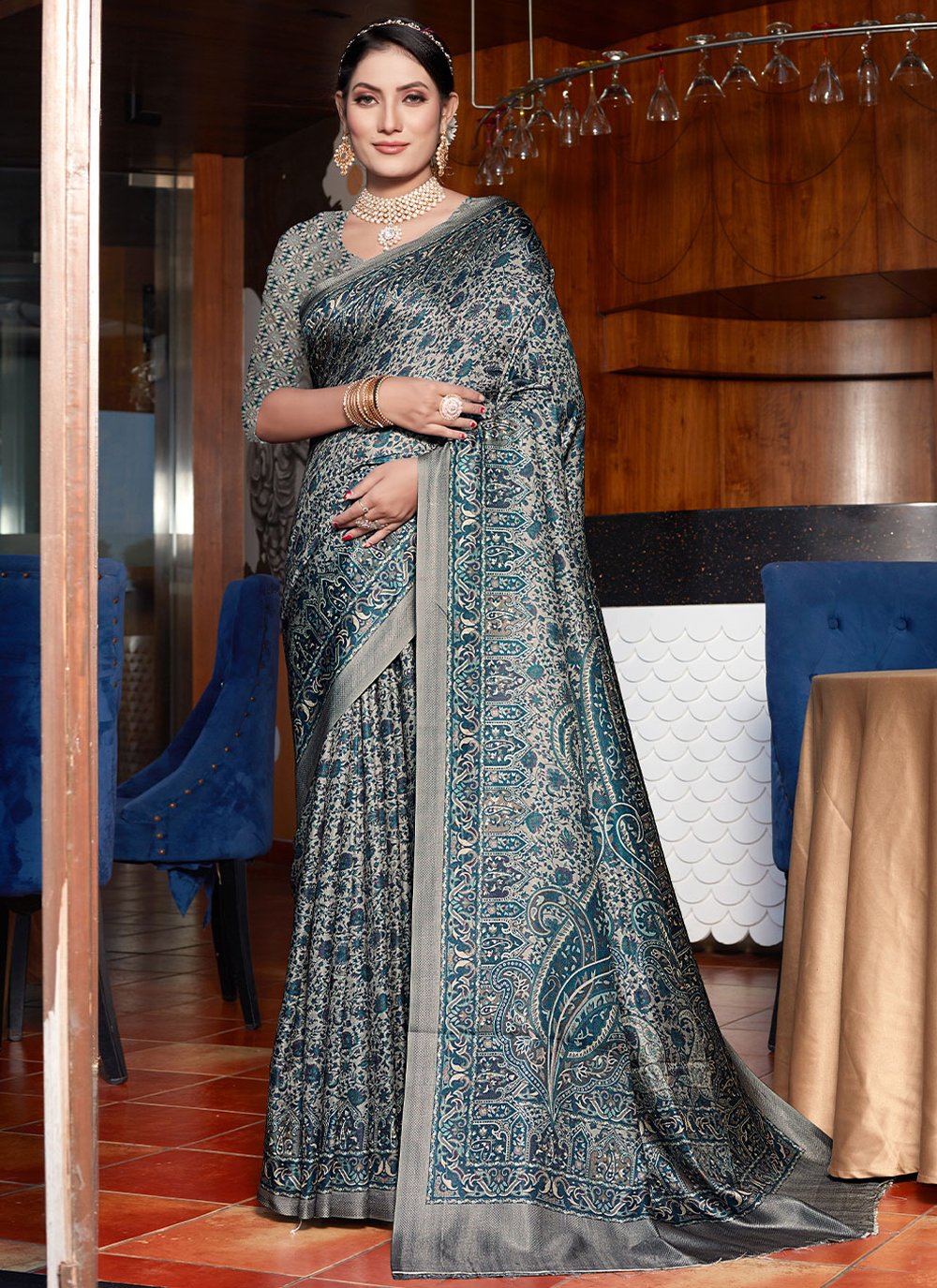 Classic Pashnima Silk Teal Digital Print Saree