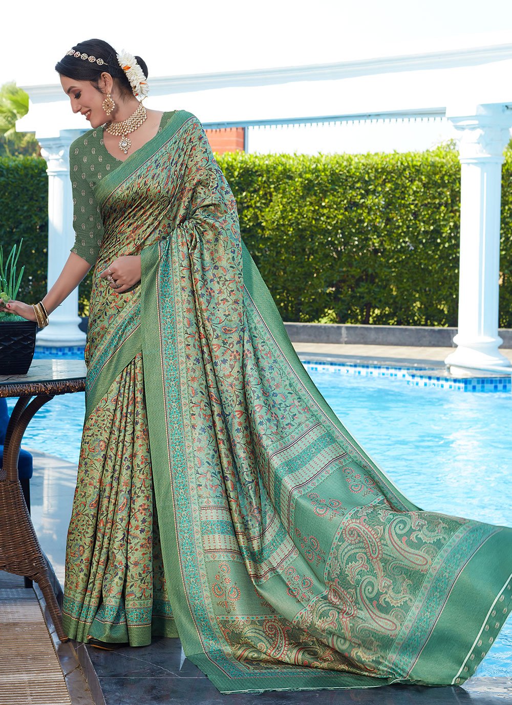 Classic Pashnima Silk Green Digital Print Saree