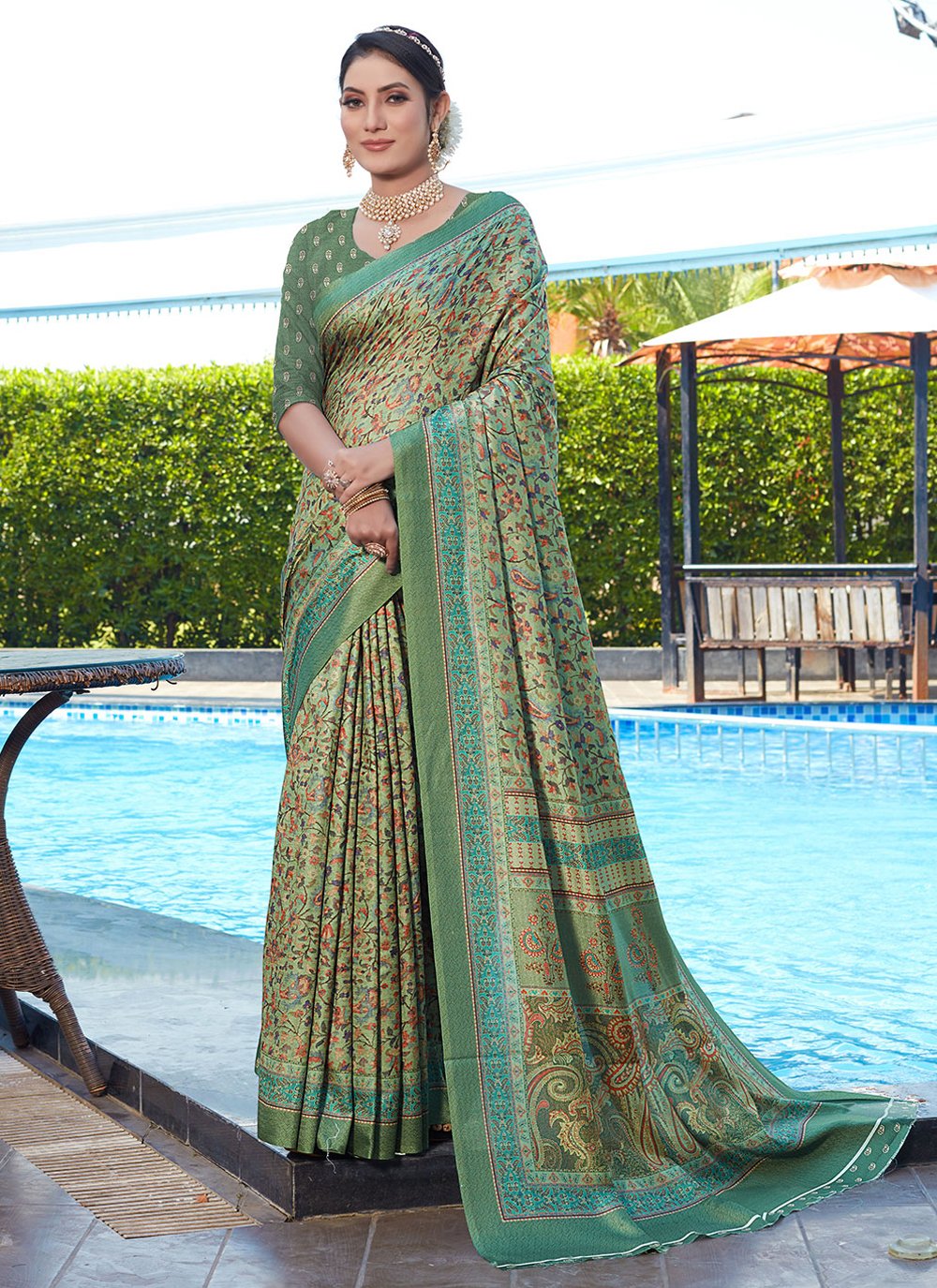 Classic Pashnima Silk Green Digital Print Saree