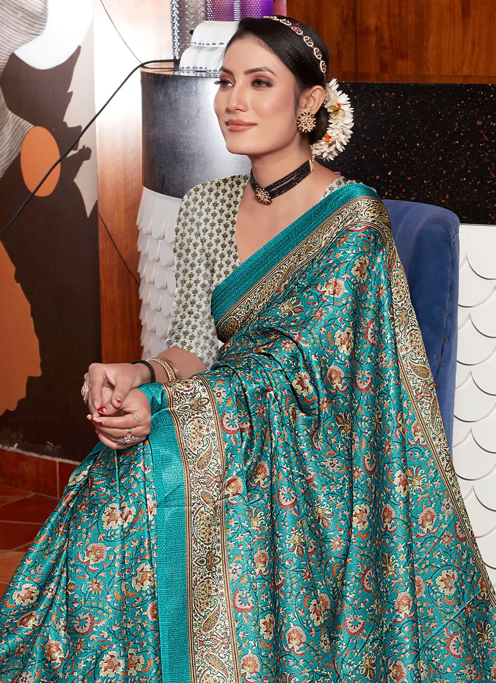 Classic Pashnima Silk Turquoise Digital Print Saree