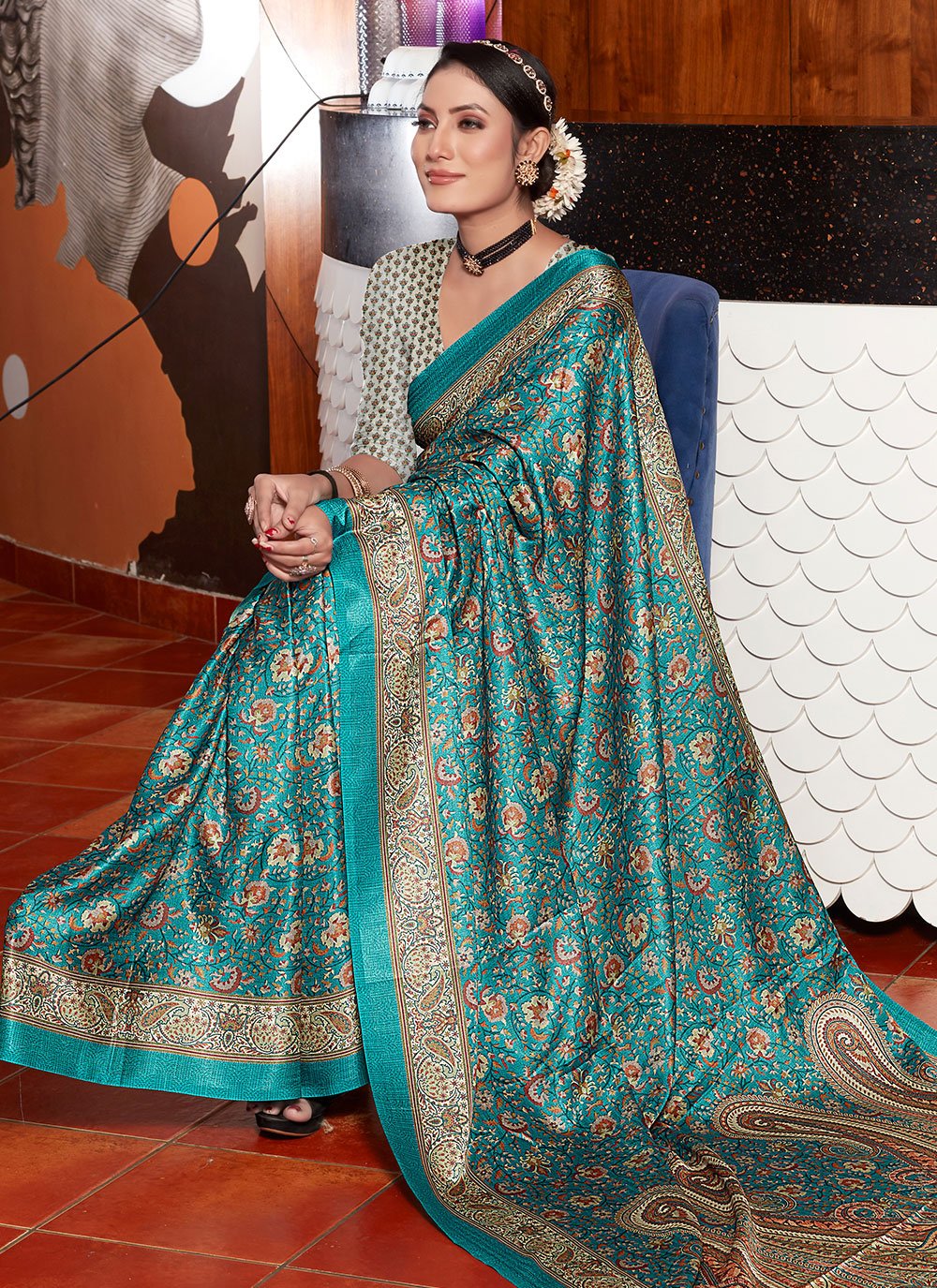 Classic Pashnima Silk Turquoise Digital Print Saree