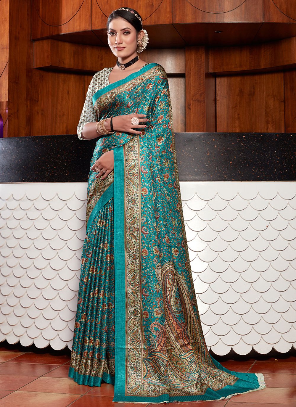 Classic Pashnima Silk Turquoise Digital Print Saree