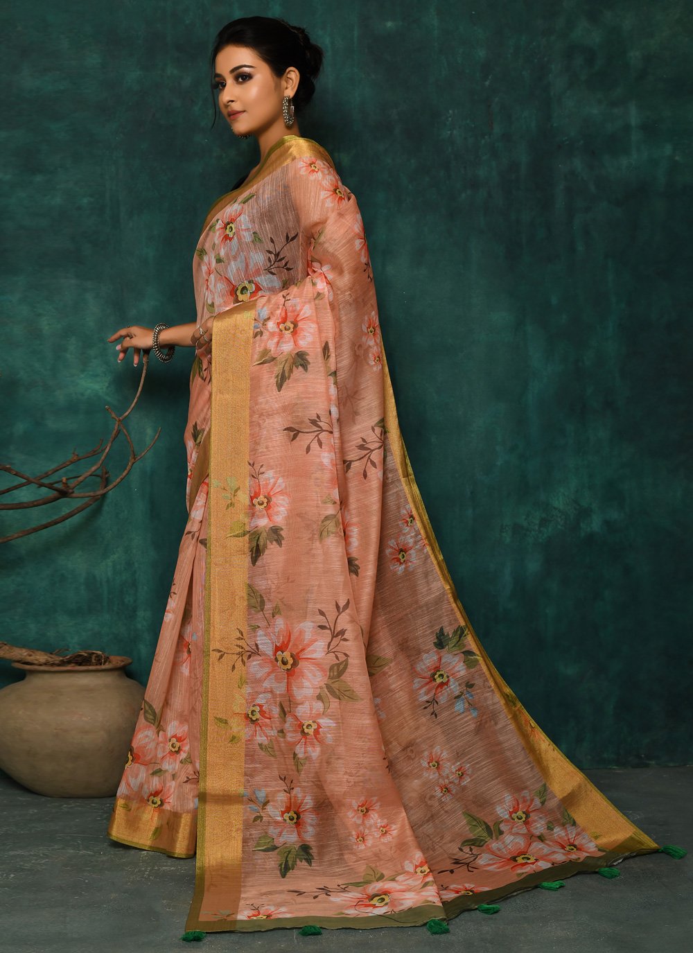 Designer Fancy Fabric Peach Digital Print Saree