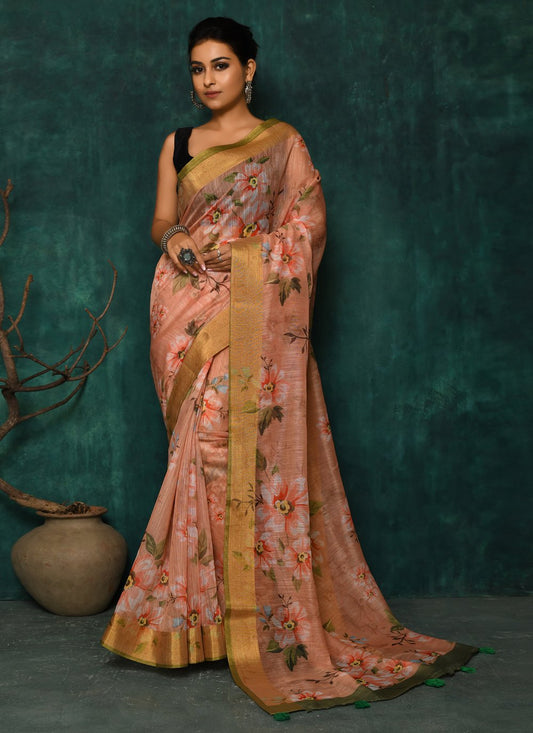 Designer Fancy Fabric Peach Digital Print Saree