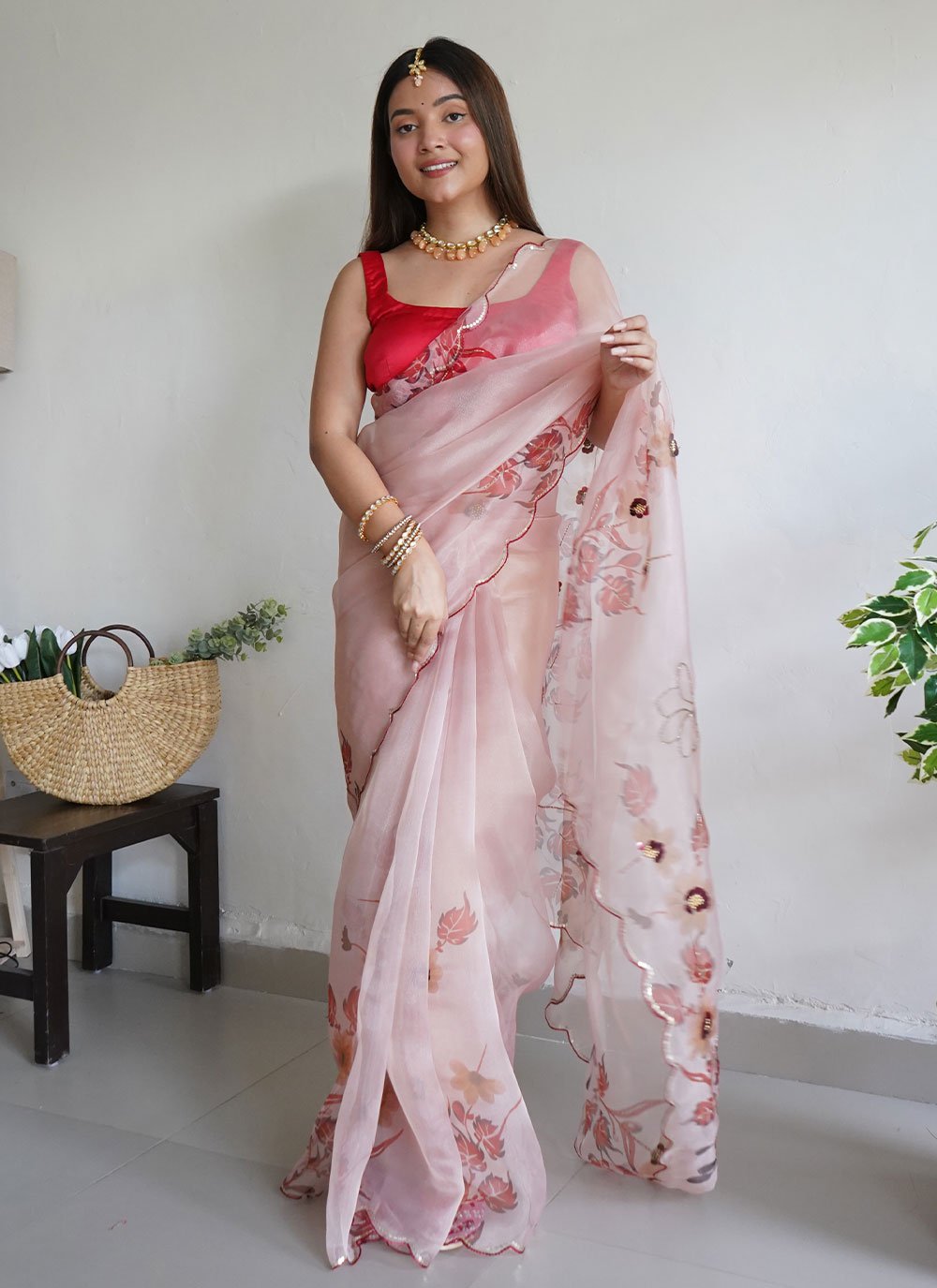 Classic Organza Peach Aari Work Saree