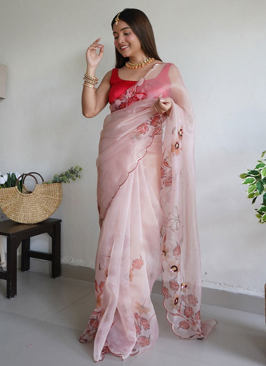 Classic Organza Peach Aari Work Saree