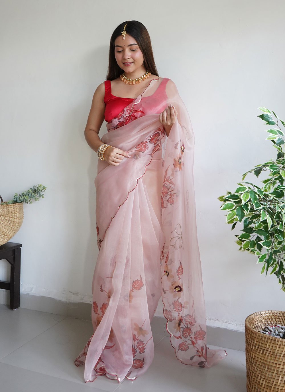 Classic Organza Peach Aari Work Saree