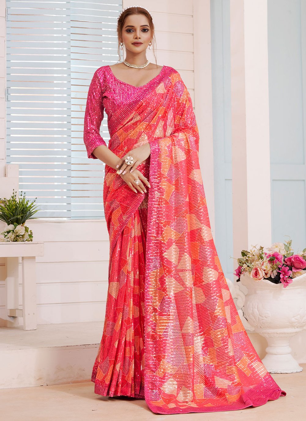 Designer Imported Pink Digital Print Saree