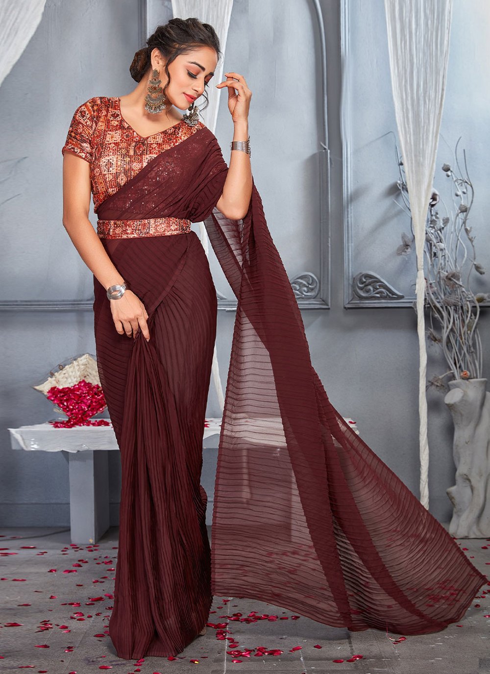 Contemporary Rangoli Maroon Digital Print Saree