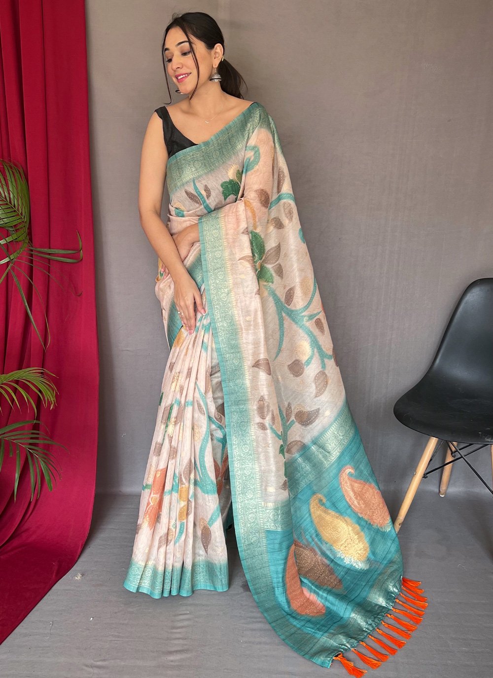 Trendy Saree Chanderi Aqua Blue Off White Digital Print Saree