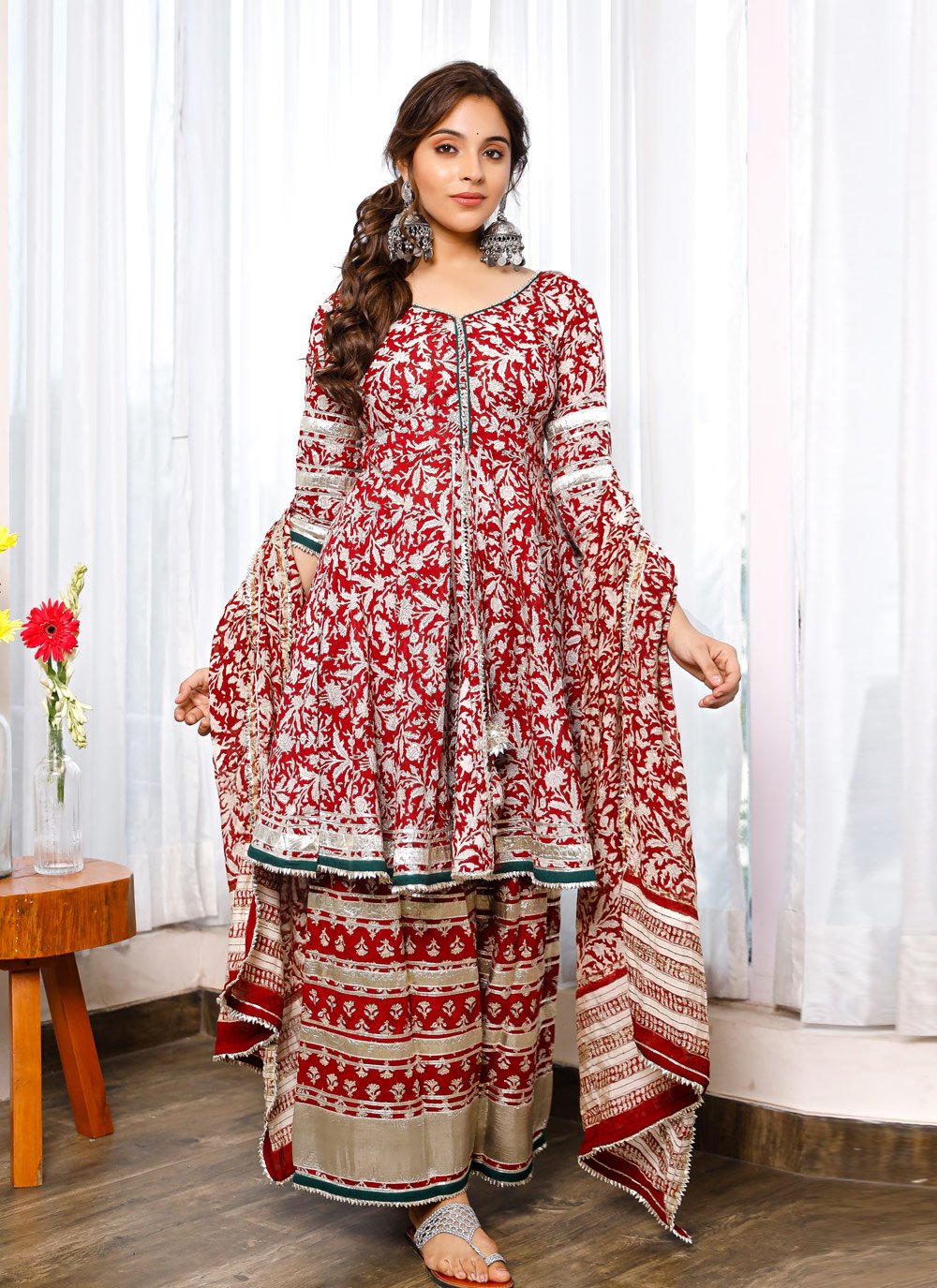 Palazzo Salwar Suit Cotton Red Digital Print Salwar Kameez