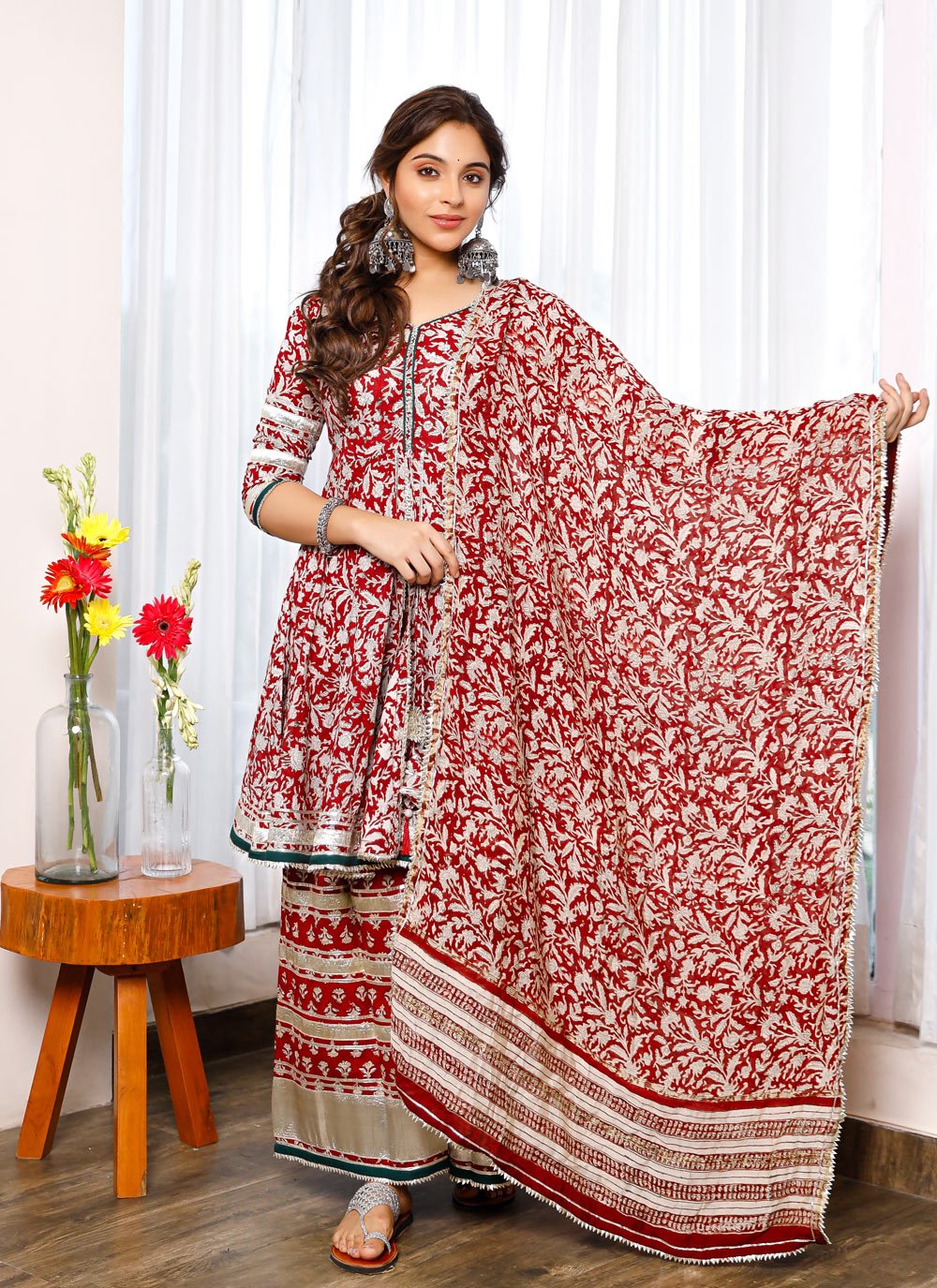 Palazzo Salwar Suit Cotton Red Digital Print Salwar Kameez