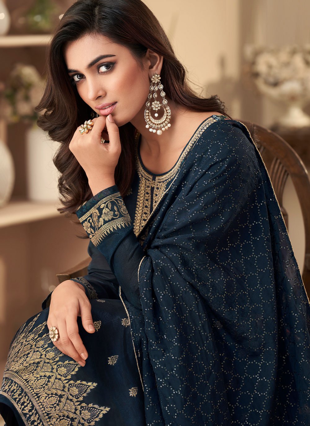 Salwar Suit Jacquard Silk Blue Digital Print Salwar Kameez