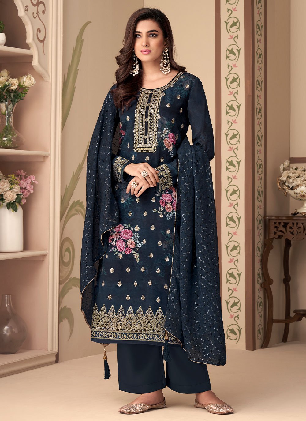 Salwar Suit Jacquard Silk Blue Digital Print Salwar Kameez