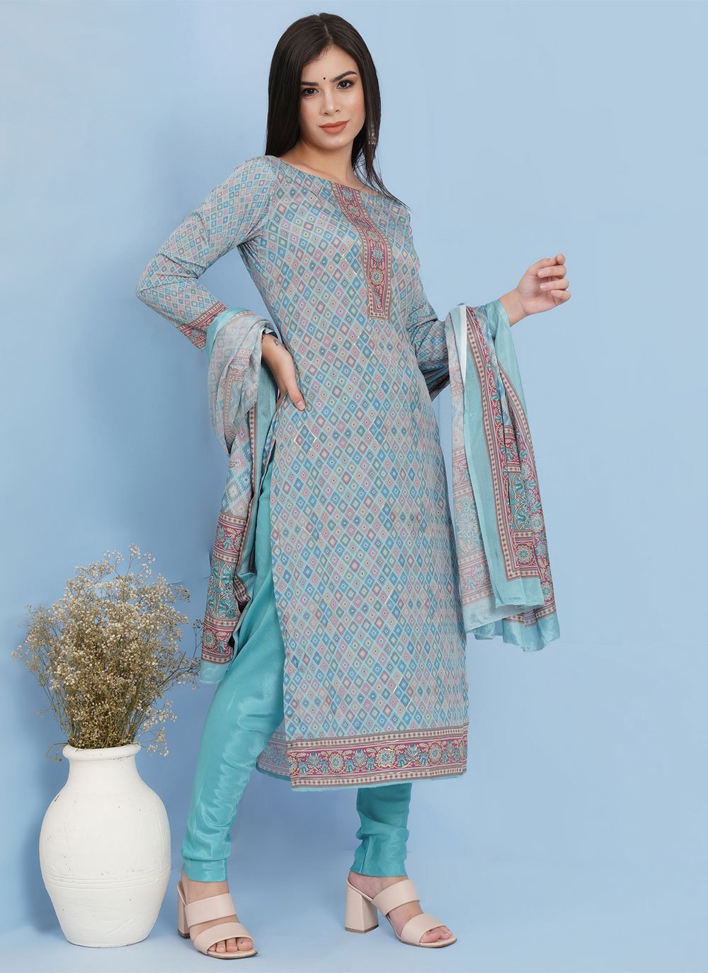 Salwar Suit Faux Crepe Green Digital Print Salwar Kameez