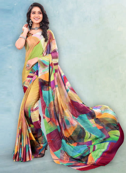 Classic Satin Multi Colour Digital Print Saree