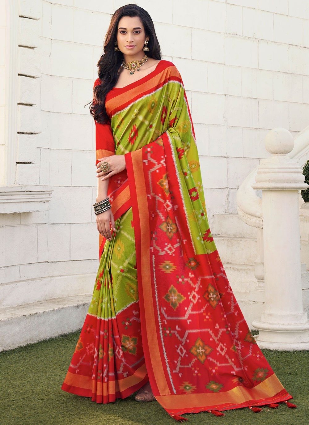 Classic Silk Green Orange Digital Print Saree