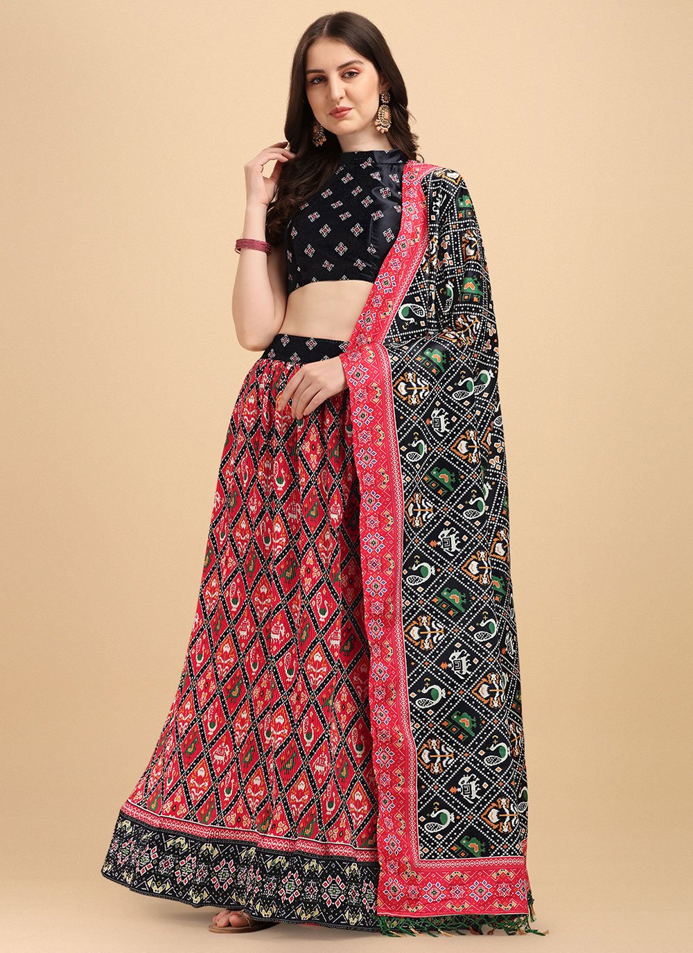 A Line Lehenga Satin Black Pink Digital Print Lehenga Choli