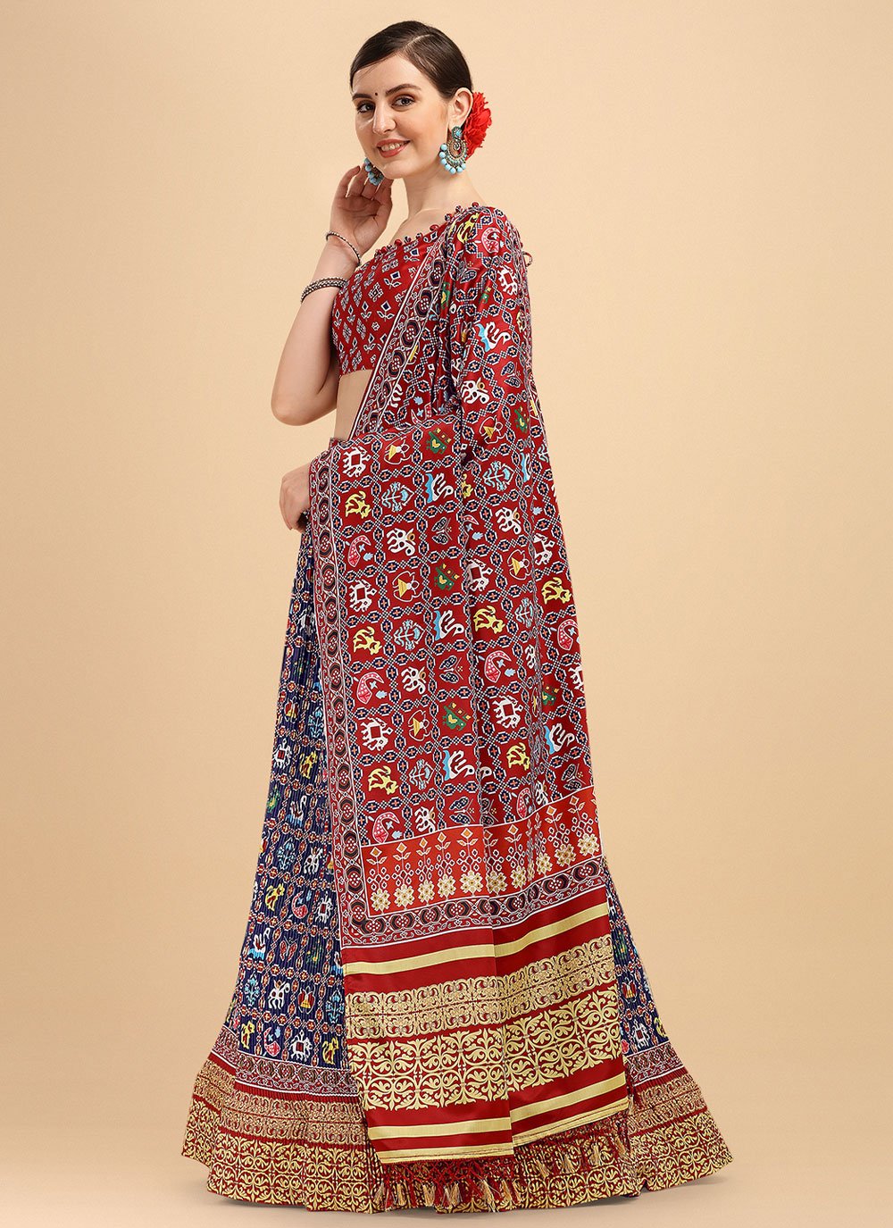 A Line Lehenga Satin Blue Digital Print Lehenga Choli