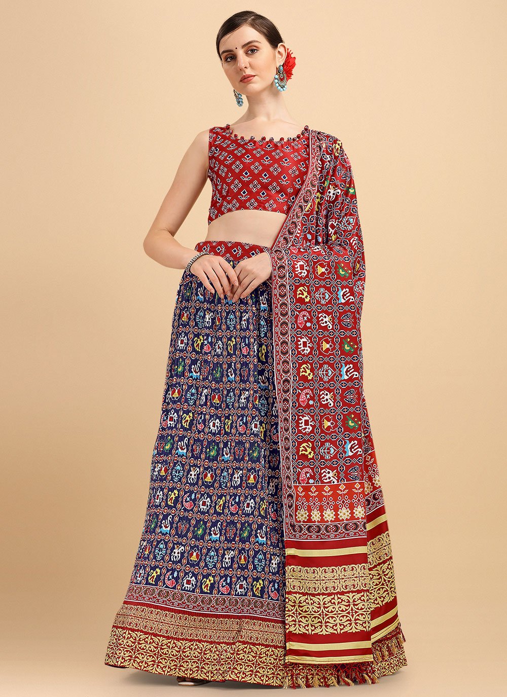 A Line Lehenga Satin Blue Digital Print Lehenga Choli