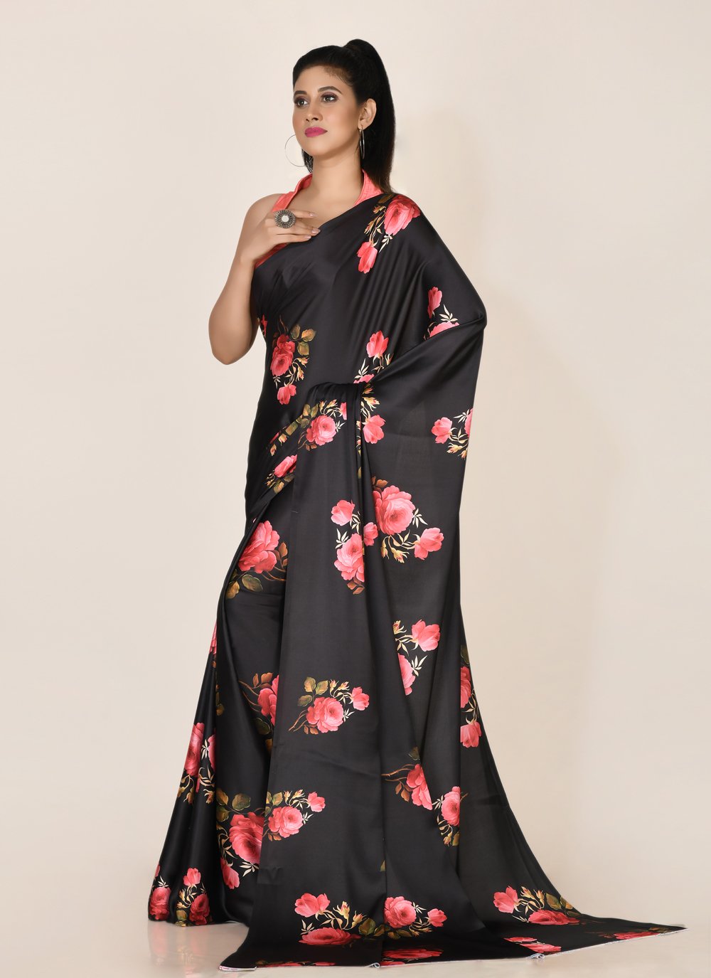 Designer Satin Black Digital Print Saree