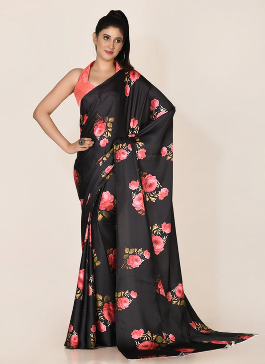 Designer Satin Black Digital Print Saree