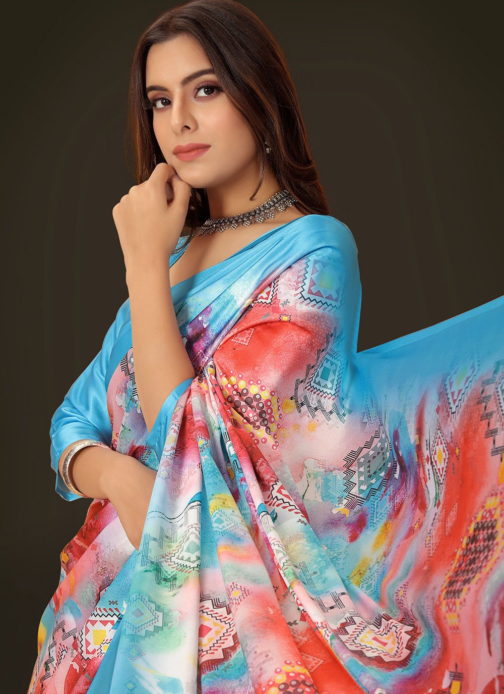 Classic Satin Aqua Blue Digital Print Saree