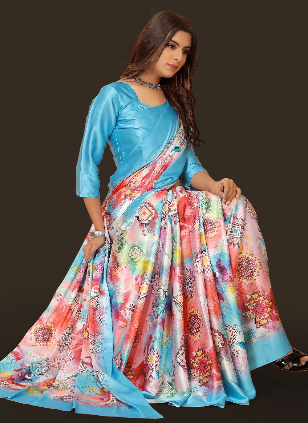 Classic Satin Aqua Blue Digital Print Saree