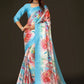Classic Satin Aqua Blue Digital Print Saree