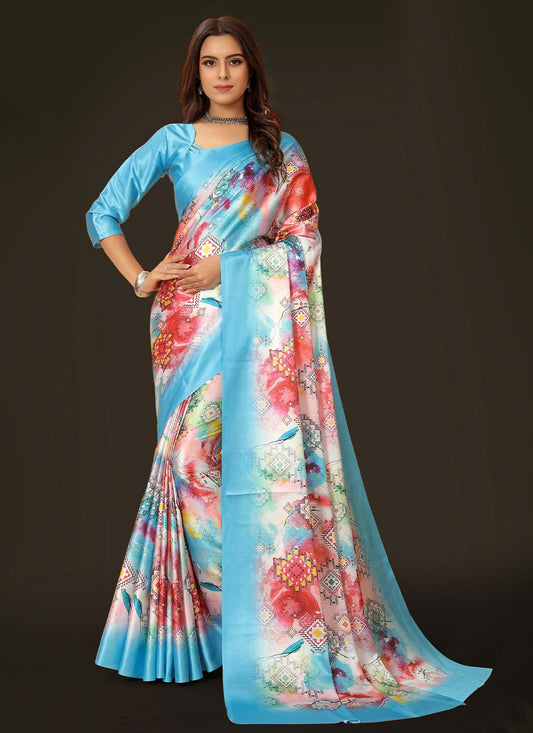 Classic Satin Aqua Blue Digital Print Saree