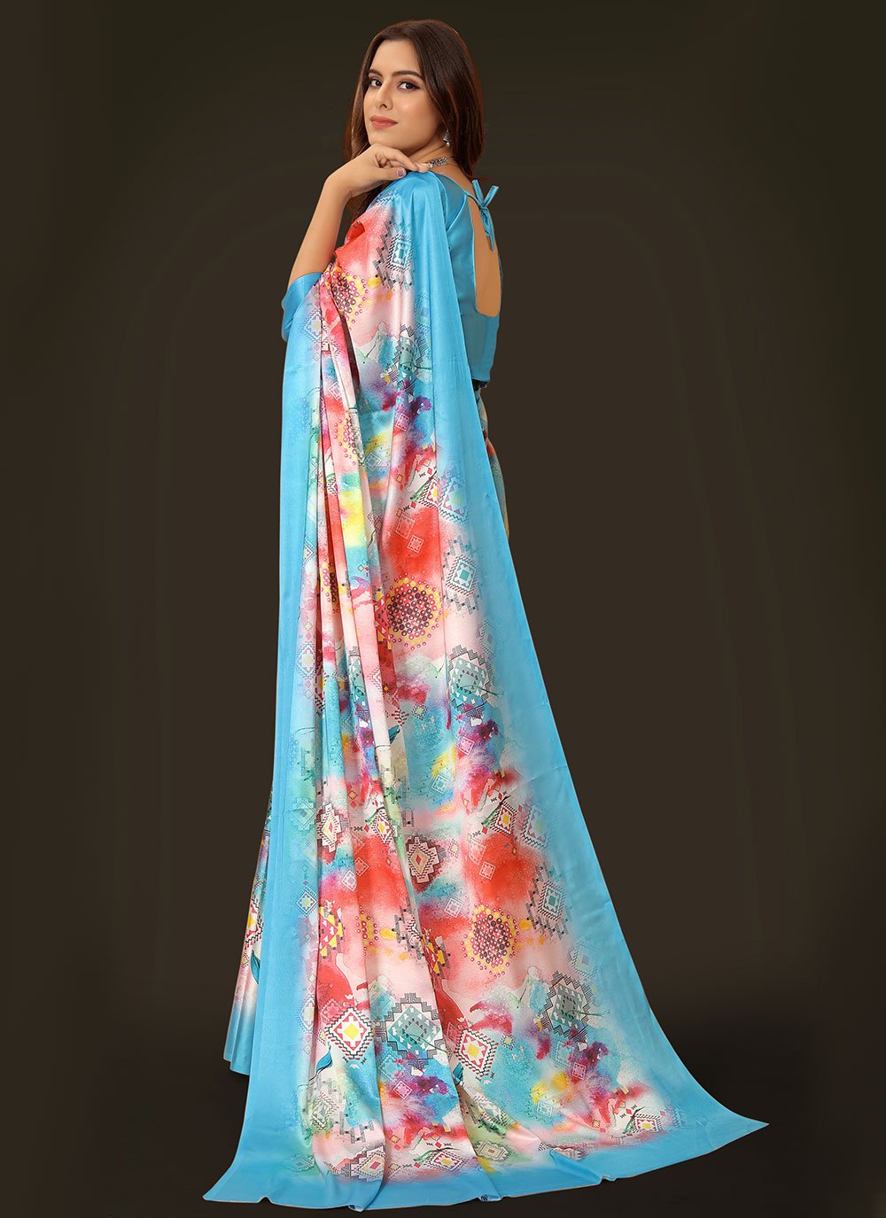 Classic Satin Aqua Blue Digital Print Saree