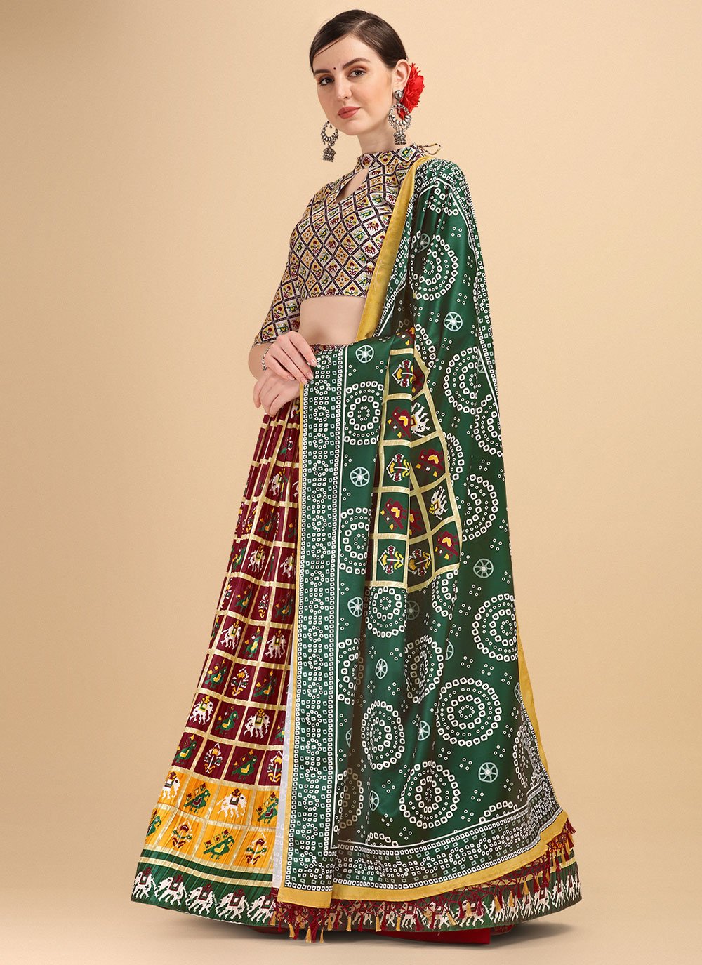 Lehenga Choli Satin Maroon Digital Print Lehenga Choli