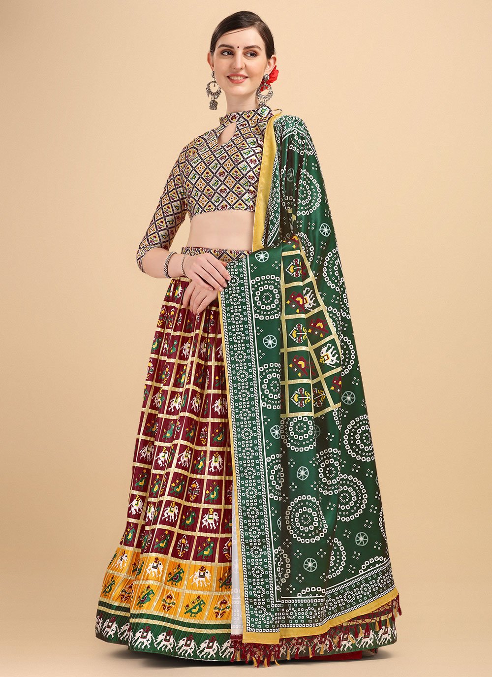 Lehenga Choli Satin Maroon Digital Print Lehenga Choli