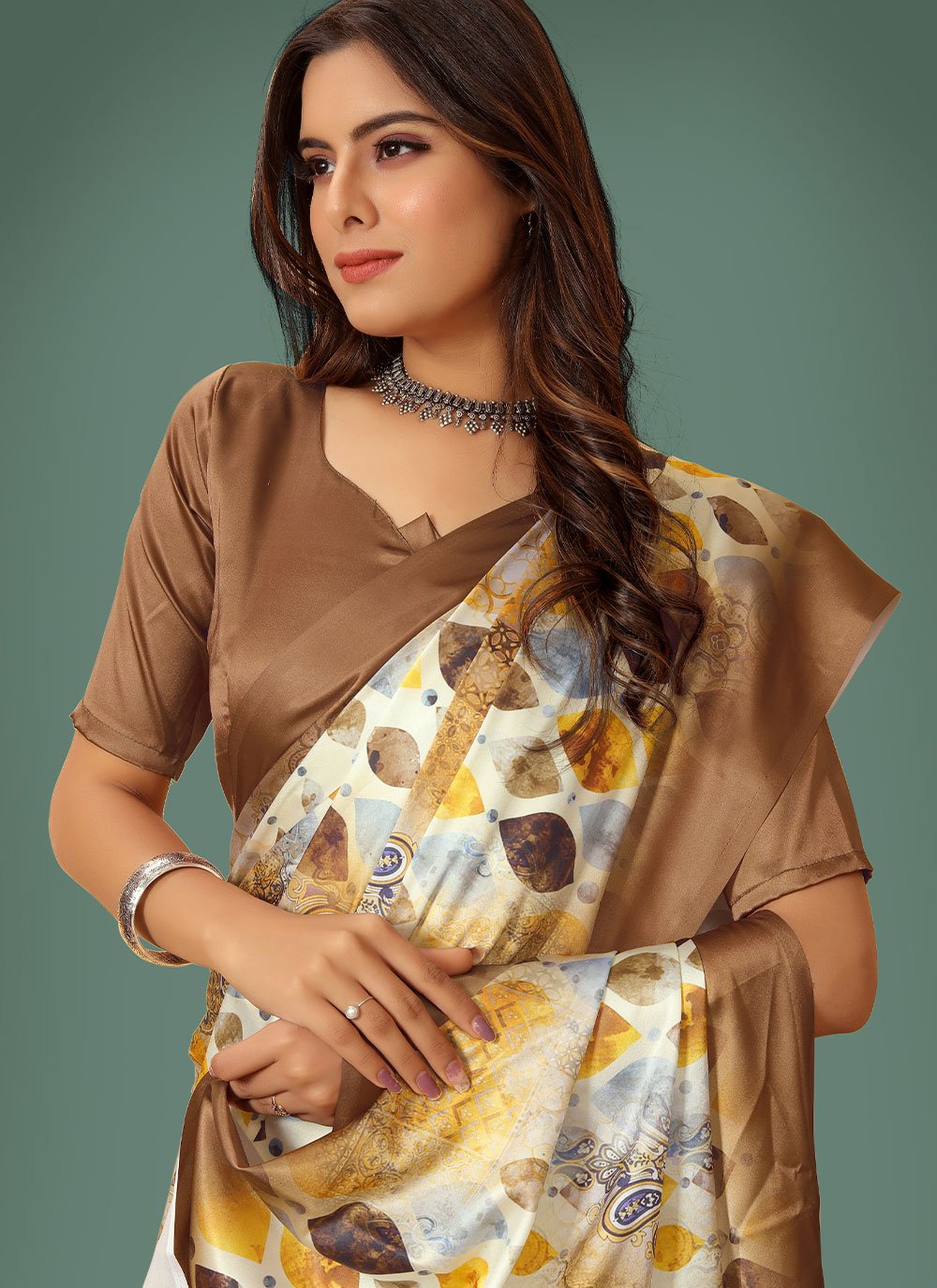 Trendy Saree Satin Brown Digital Print Saree