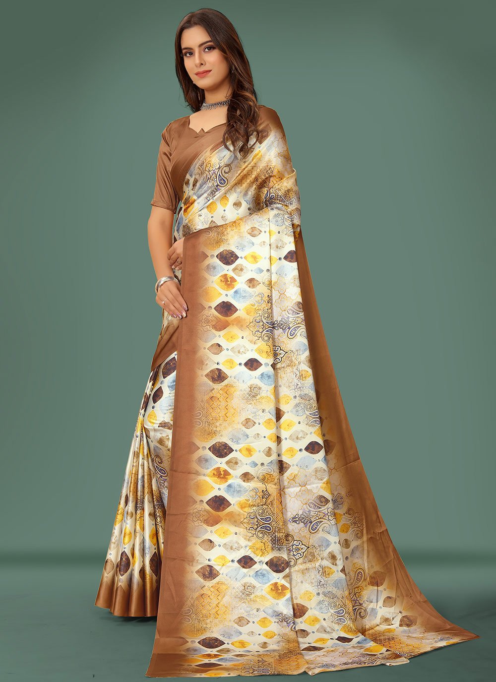 Trendy Saree Satin Brown Digital Print Saree