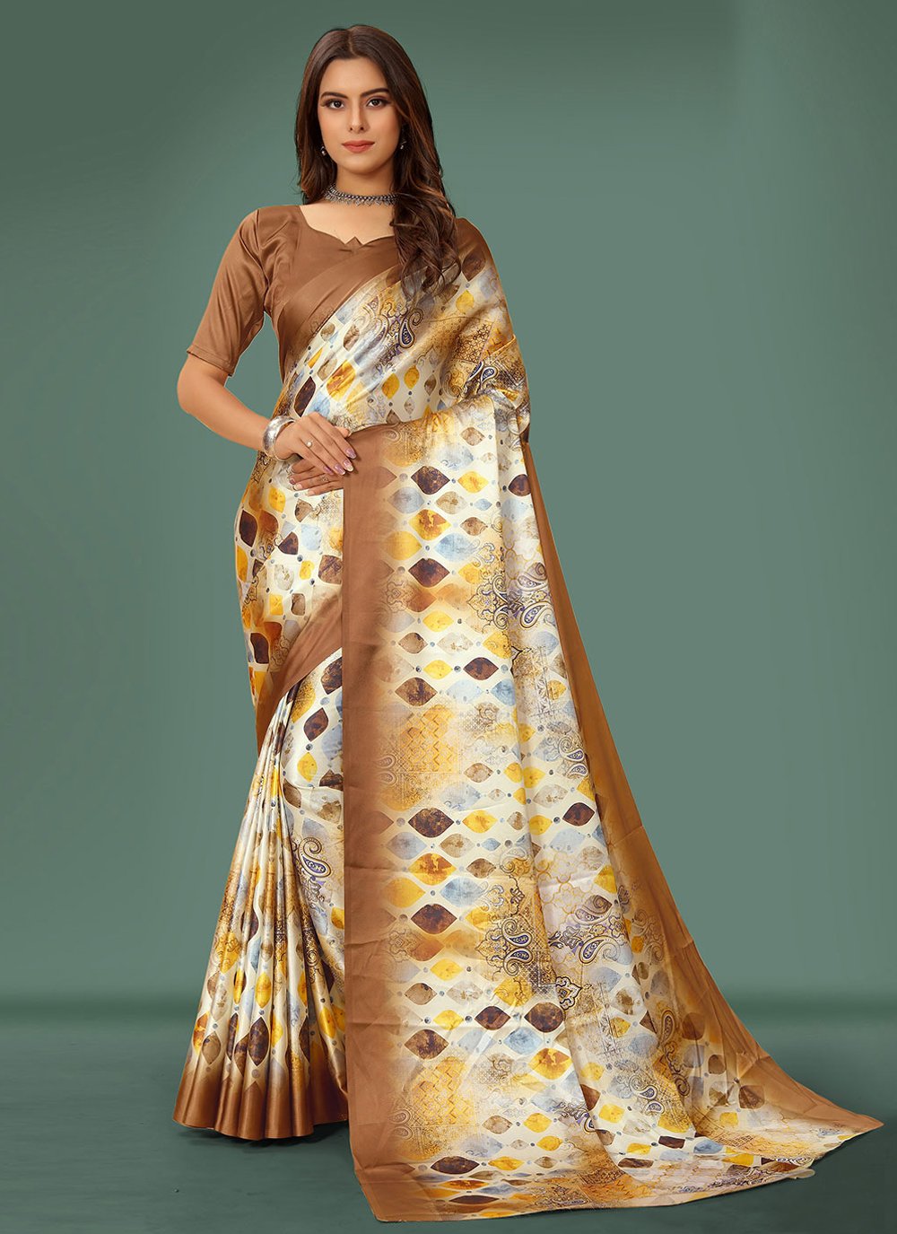 Trendy Saree Satin Brown Digital Print Saree