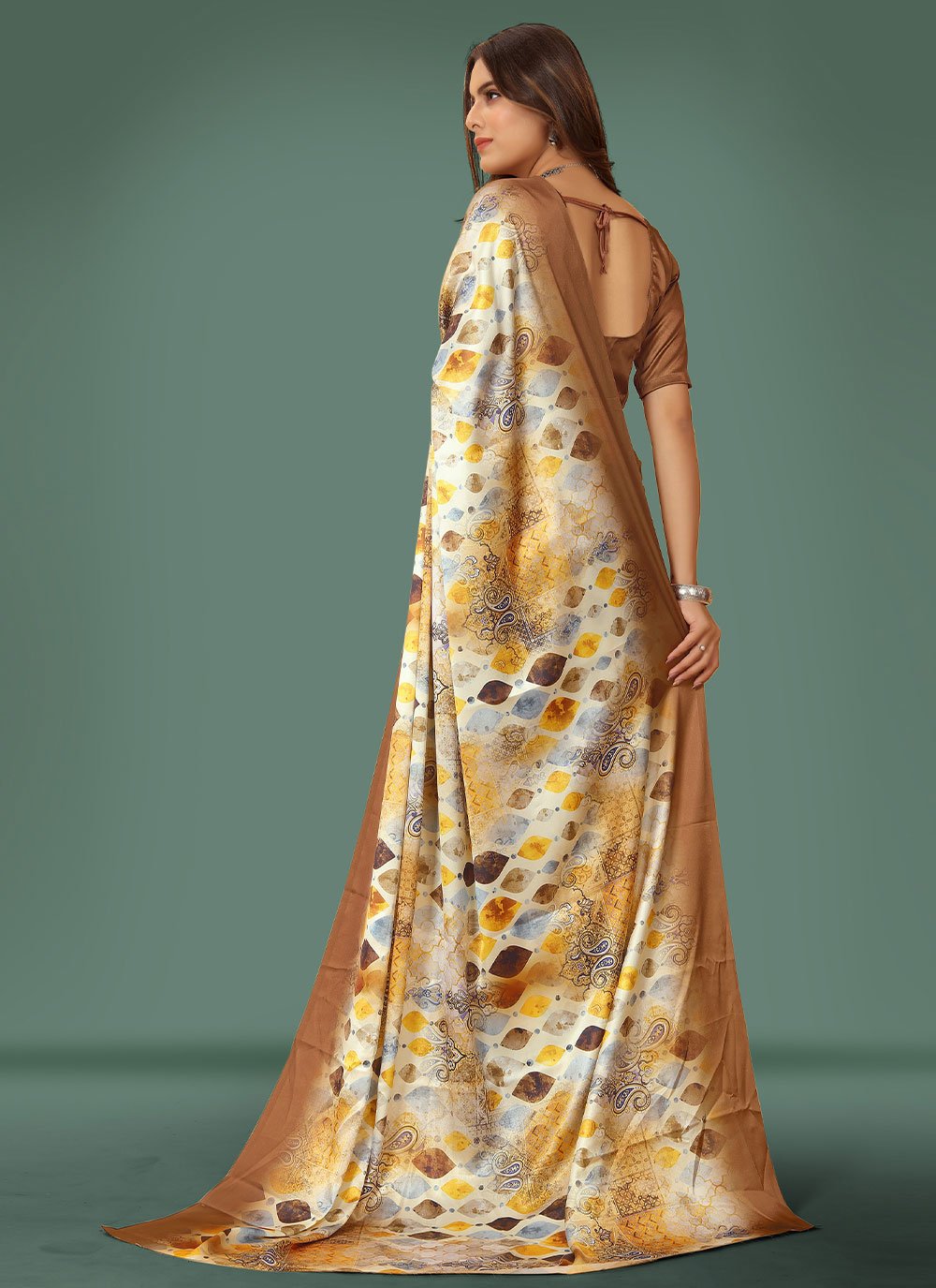 Trendy Saree Satin Brown Digital Print Saree