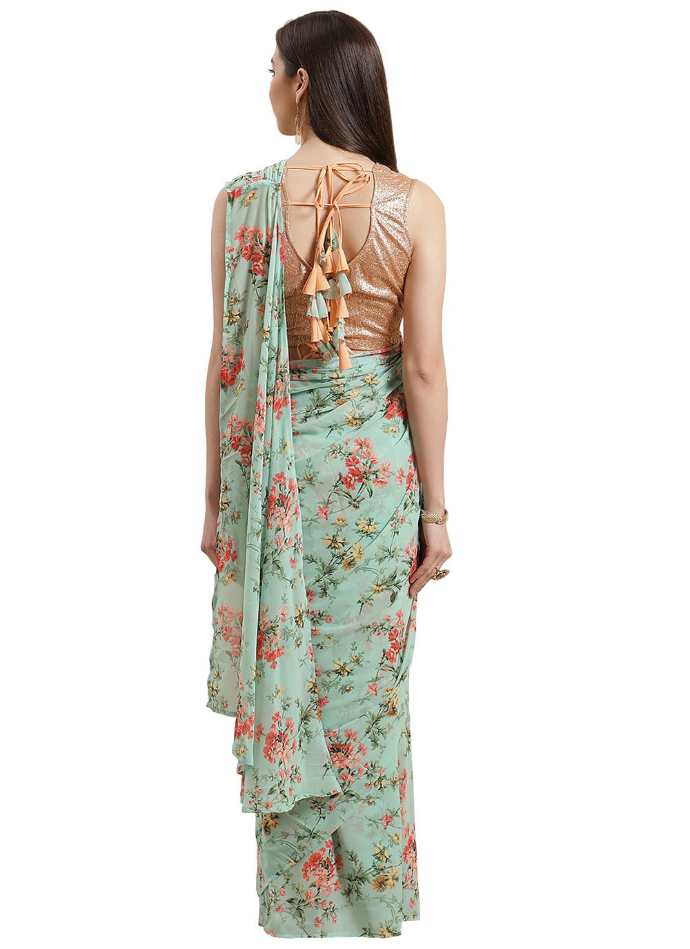 Classic Georgette Sea Green Digital Print Saree