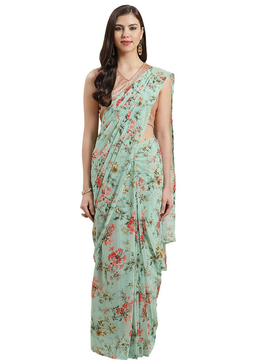 Classic Georgette Sea Green Digital Print Saree