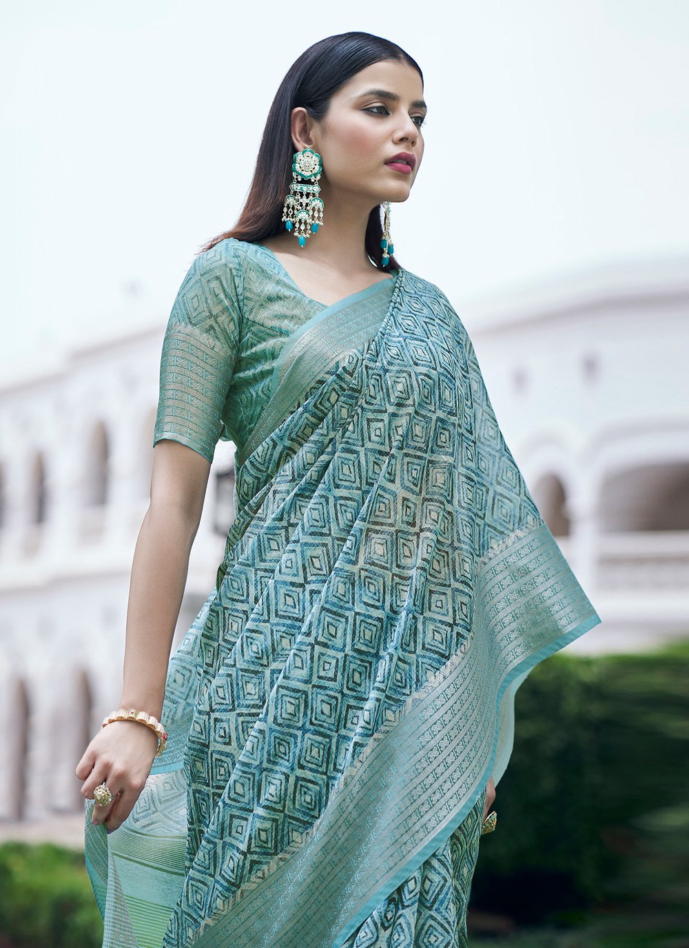 Casual Linen Sea Green Digital Print Saree