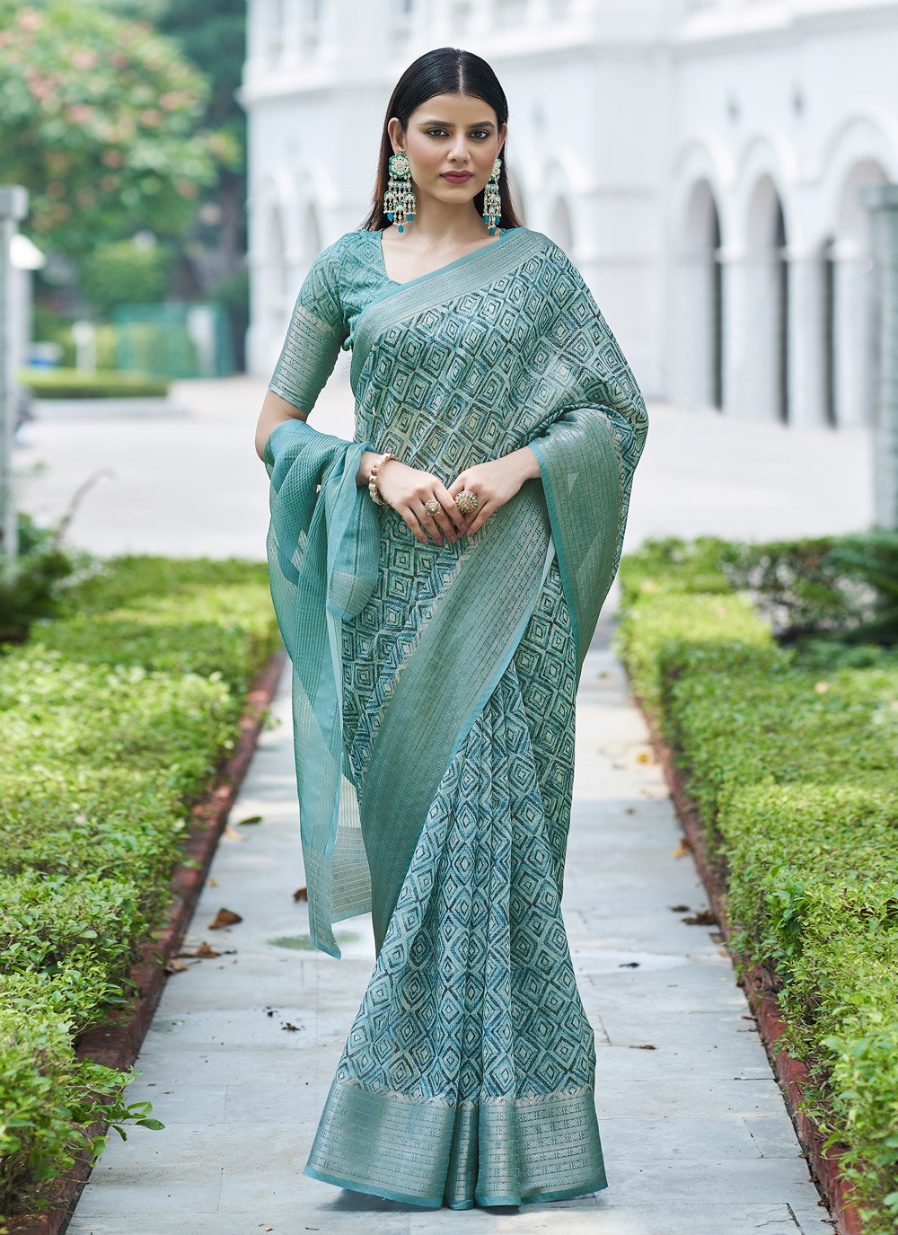 Casual Linen Sea Green Digital Print Saree