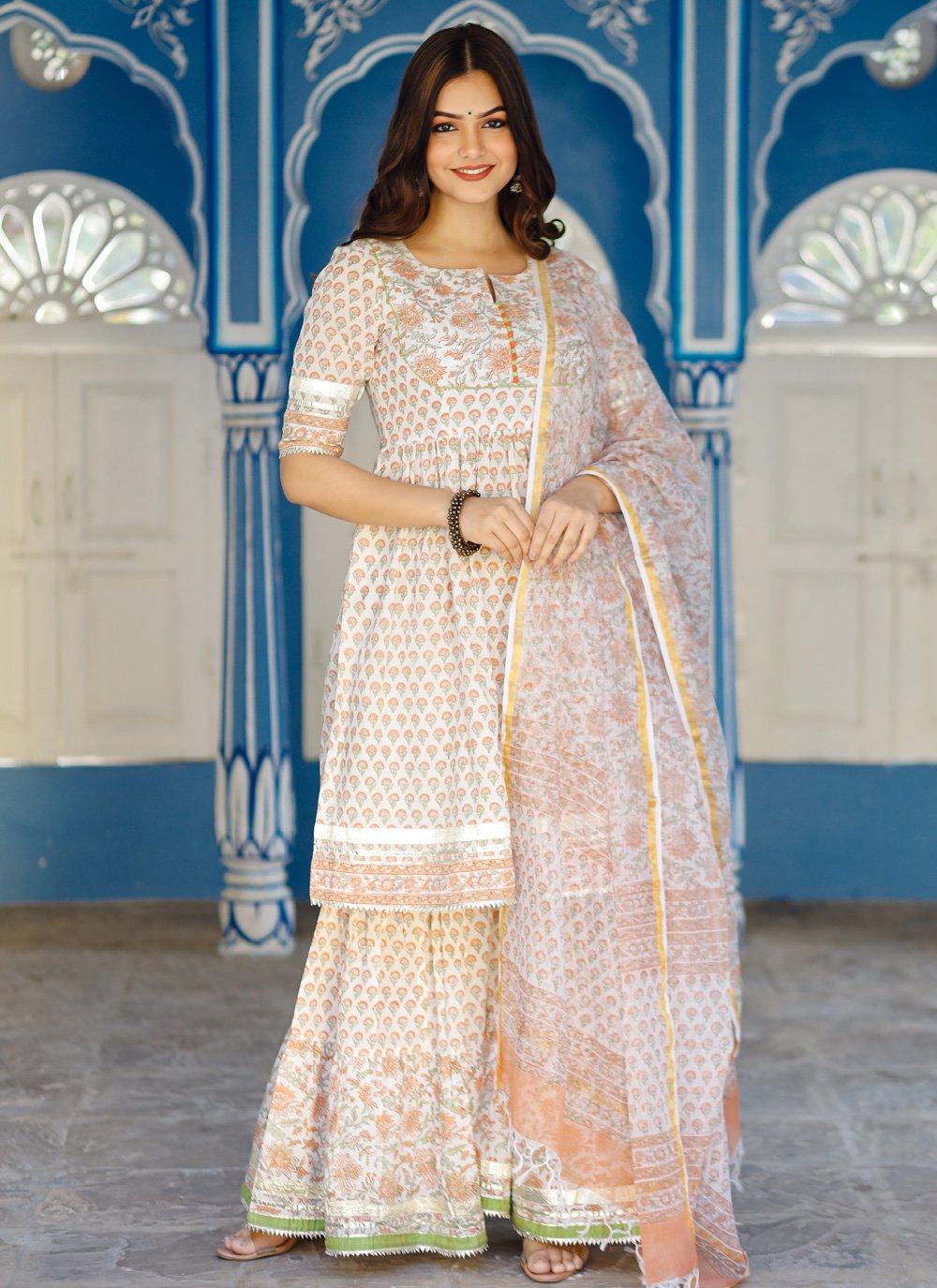 Sharara Set Cotton White Digital Print Salwar Kameez