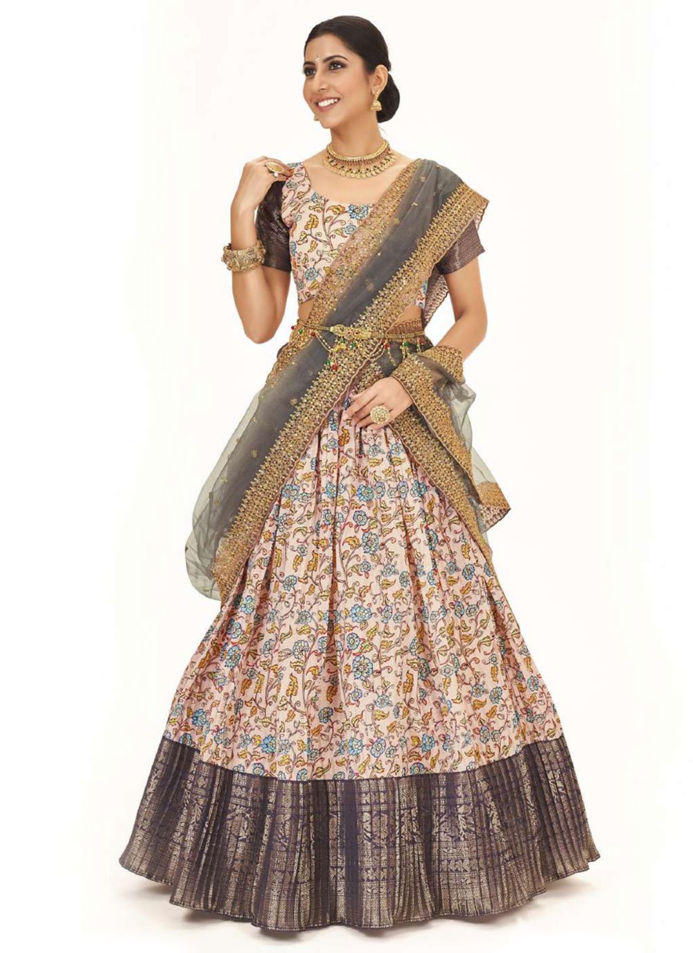 A Line Lehenga Silk Cream Grey Digital Print Lehenga Choli