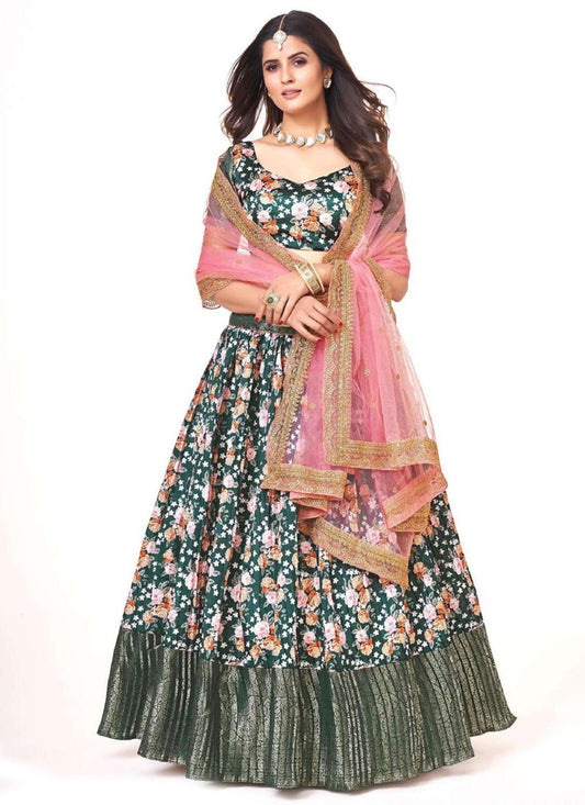 A Line Lehenga Silk Green Digital Print Lehenga Choli