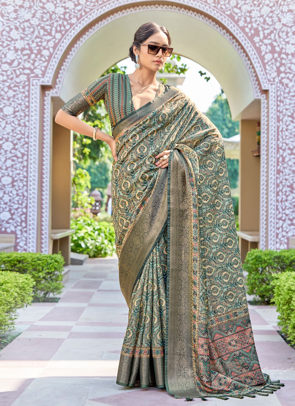 Designer Silk Green Digital Print Saree