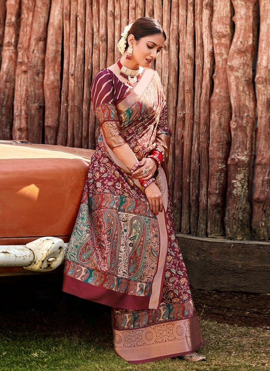 Contemporary Silk Burgundy Digital Print Saree