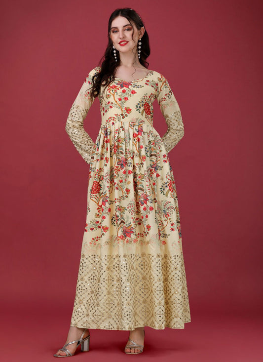 Designer Gown Silk Cream Digital Print Gown