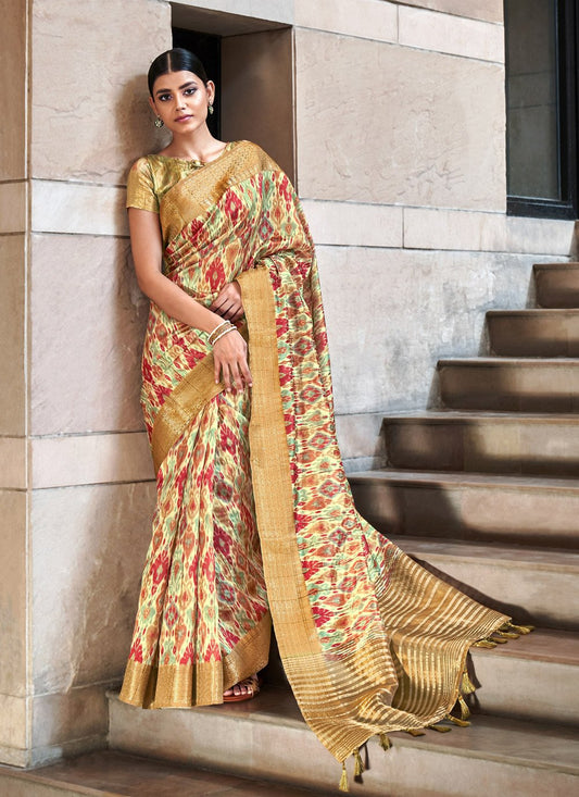 Traditional Saree Silk Yellow Digital Print Saree