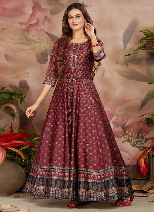 Gown Silk Maroon Digital Print Gown